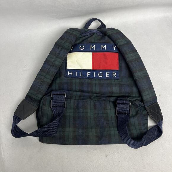 Vintage Tommy Hilfiger Spell Out Drawstring Cinch Backpack Navy Blue Green Plaid